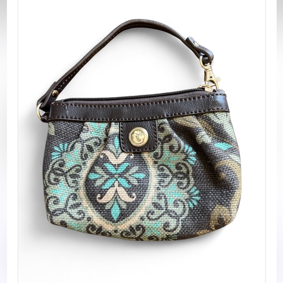 Spartina Daufuskie Island Floral Zip Wristlet Wallet Leather Linen Brown Blue - Picture 1 of 10